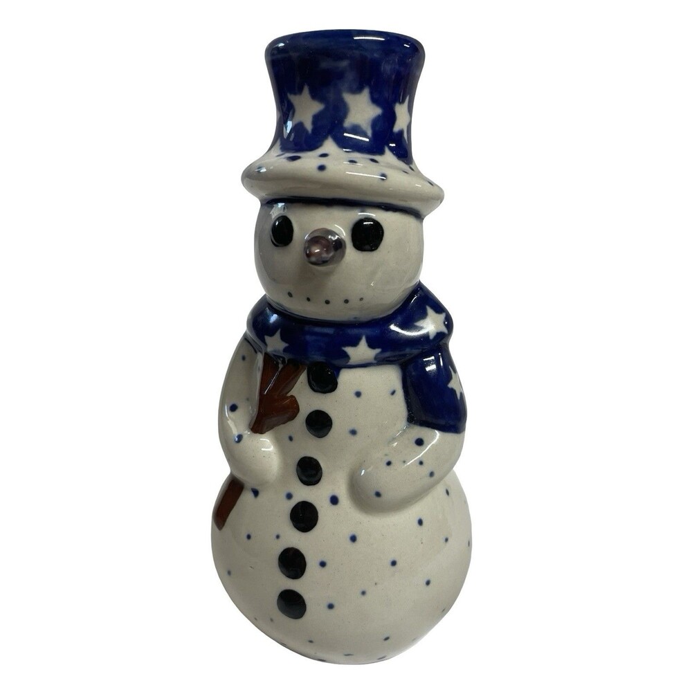 Boleslawiec Wiza Snowman Candle Holder 6.5" Polish Pottery Christmas Stars